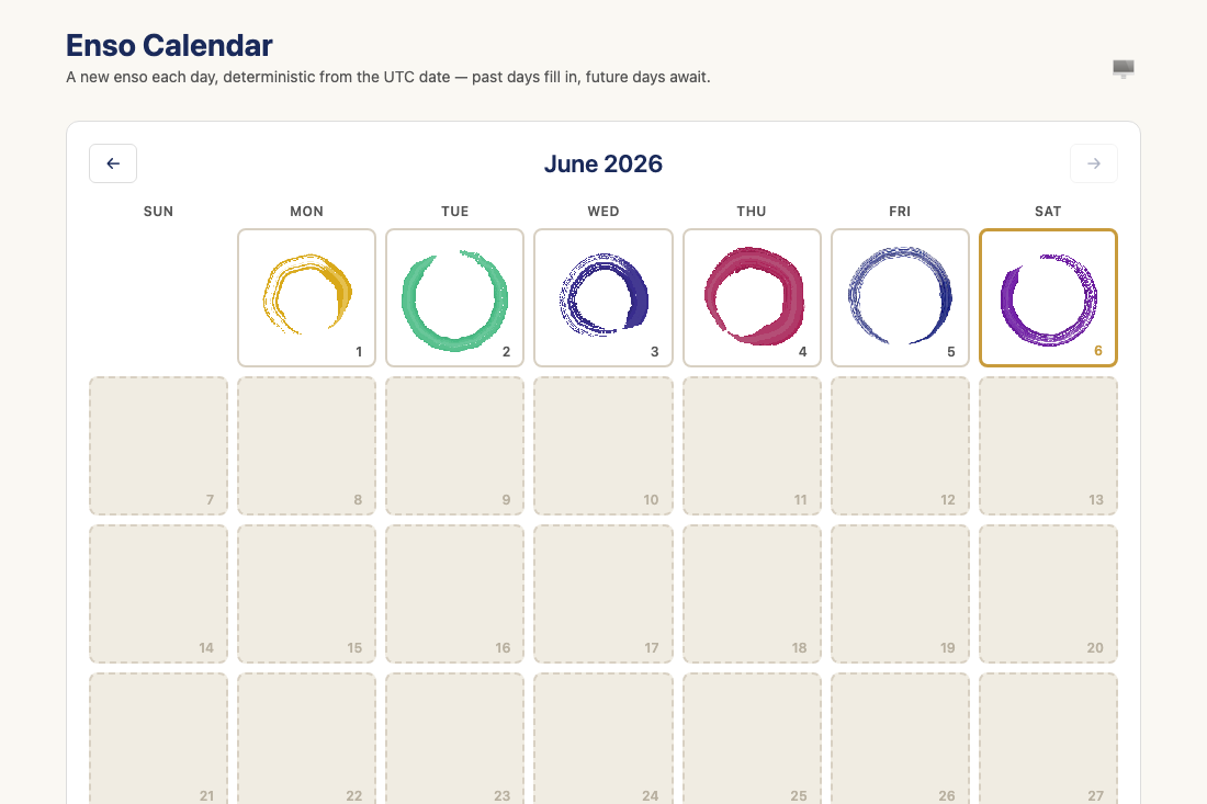 The ensō calendar — a month grid of daily brushstroke circles