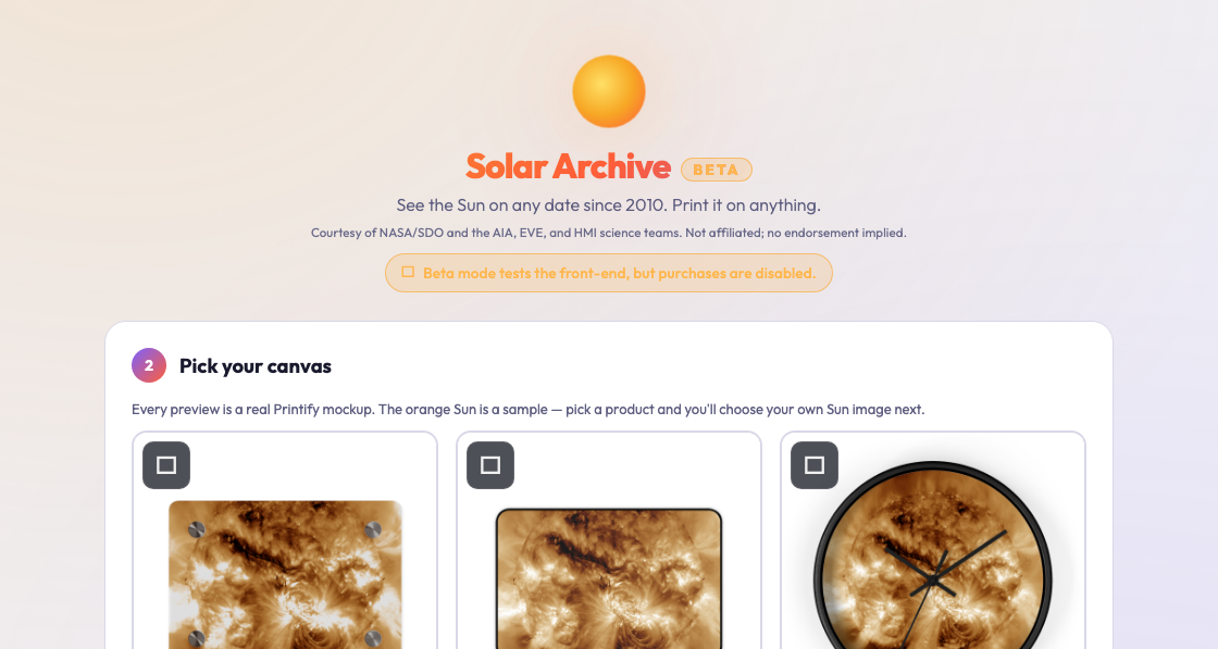 The Solar Archive print store — pick a canvas of the Sun